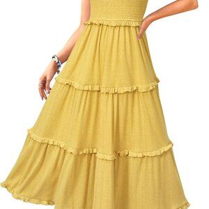 Women's Summer Wedding Guest Dress Ruffle Sleeve Maxi Sundress Flowing Tiered